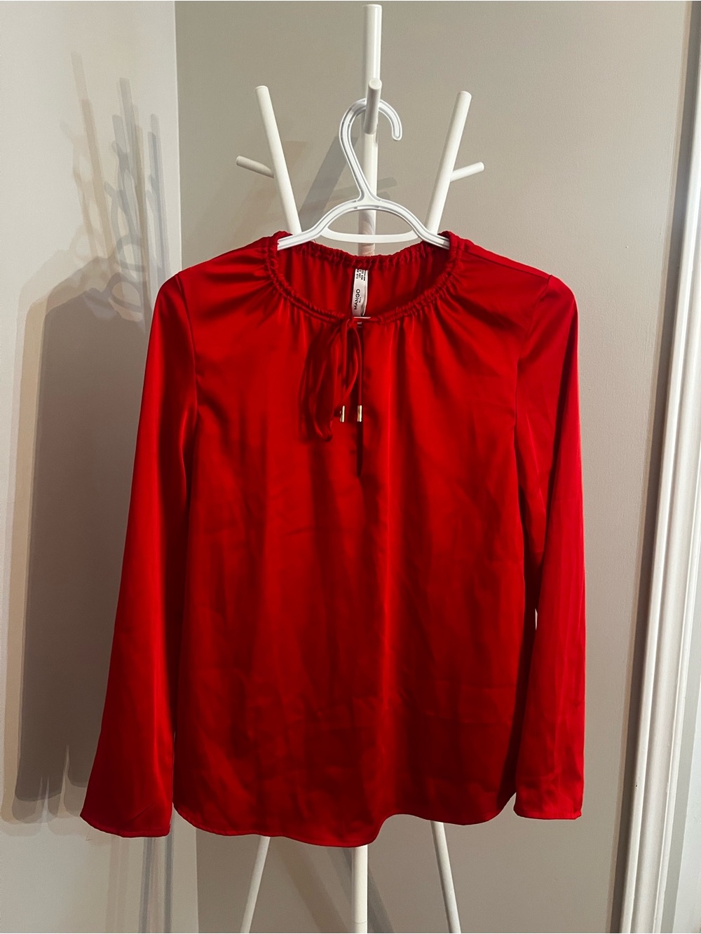 Mango Red Long-Sleeve Tie-Neck Blouse